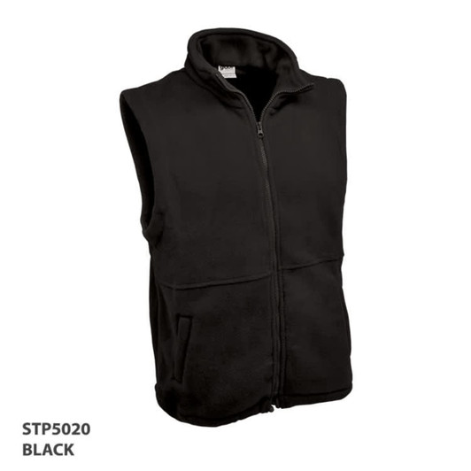 A black polar fleece vest with a zip front and high collar, featuring two side pockets and a logo.