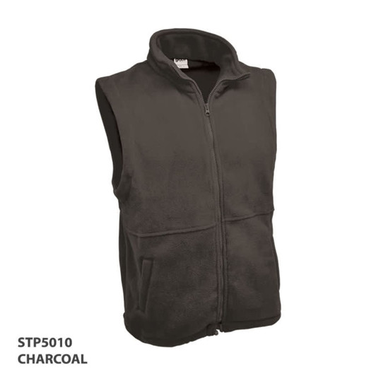 A charcoal polar fleece vest with a zip front and side pockets, featuring a logo.