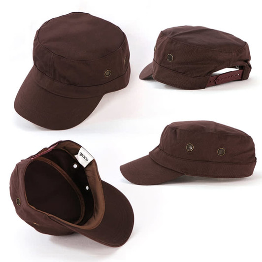 A brown military cap featuring a rounded crown, adorned with ventilation eyelets and an adjustable strap at the back.