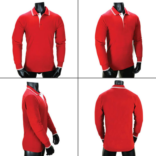 A red long-sleeve polo shirt featuring a contrasting collar and cuffs, displayed from multiple angles on a mannequin.
