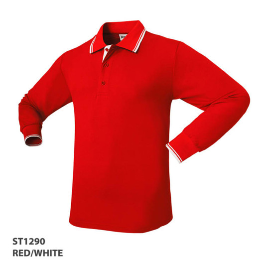 A red polo shirt with white collar detail and long sleeves, featuring a logo on the chest.
