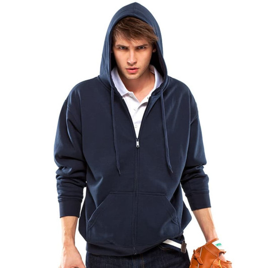 A navy hoodie with a zip front, featuring a kangaroo pocket and a hood, worn by a model.