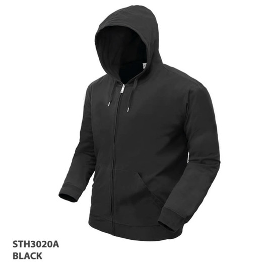 A black hoodie with a zip and front pockets, featuring a hood and a logo.