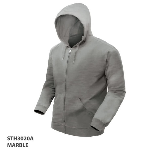 A grey hoodie with a zipper and pockets, featuring a hood and a branded logo.