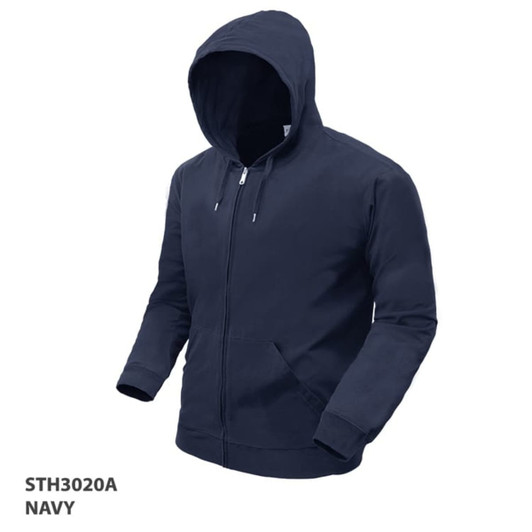 A navy hoodie features a zip front, a hood, and side pockets, with a logo on the sleeve.