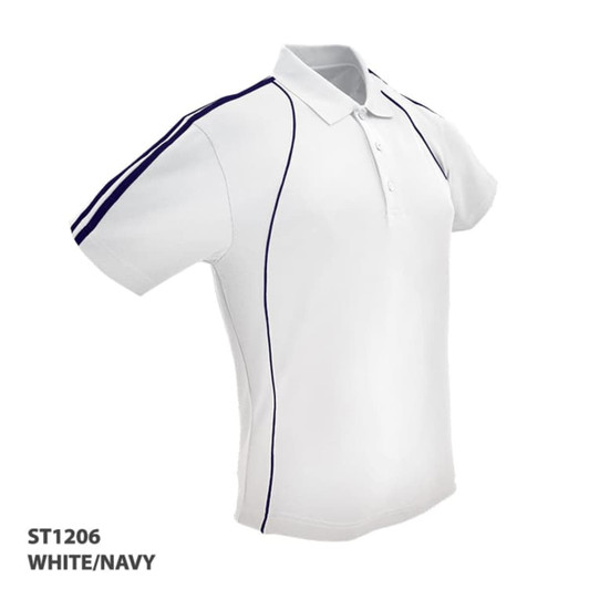 A white polo shirt with navy stripes, featuring a collar and a logo on the chest.