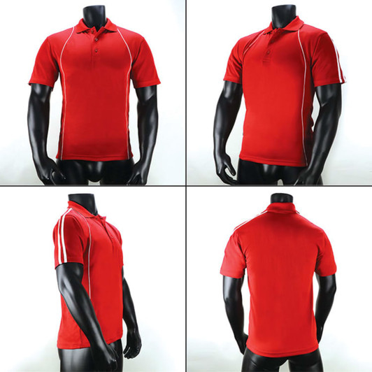 A red polo shirt with white stripes, displayed from multiple angles on a mannequin. It features a logo.