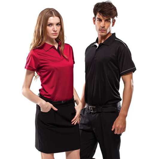 A red polo shirt on a woman and a black polo shirt on a man, both featuring a logo, against a white background.