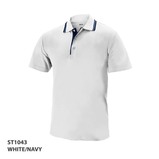 A white polo shirt featuring navy accents and a branded logo. Short sleeves and a classic collar design.