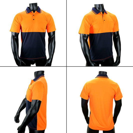 A polo shirt in bright orange and navy, featuring a logo, showcased from multiple angles.