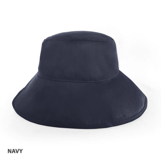 A navy brim hat with a wide brim, featuring a simple design and a logo on it.