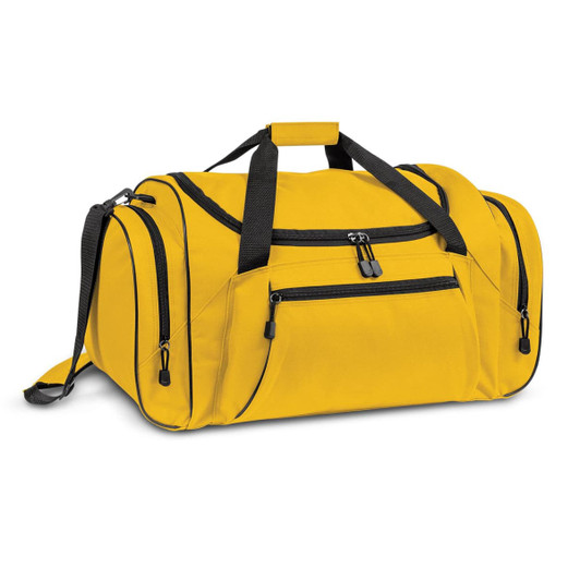 A yellow duffle bag with black accents, featuring multiple zippered pockets and a shoulder strap.
