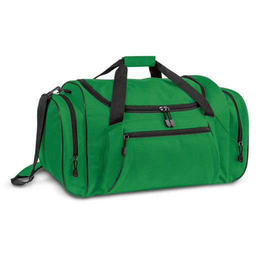 A green duffle bag with black zippers and straps, featuring multiple compartments and a shoulder strap.