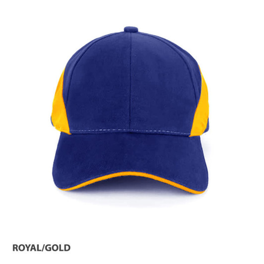 A royal blue and gold cap with a structured design and a logo on the front.
