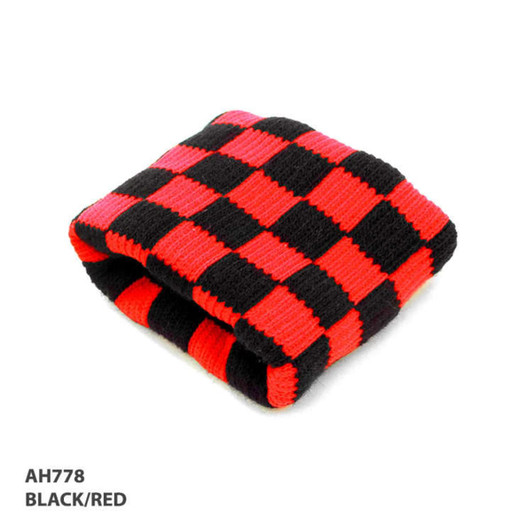 A folded wristband featuring a black and red checkered pattern, showcasing a knitted texture and a logo.