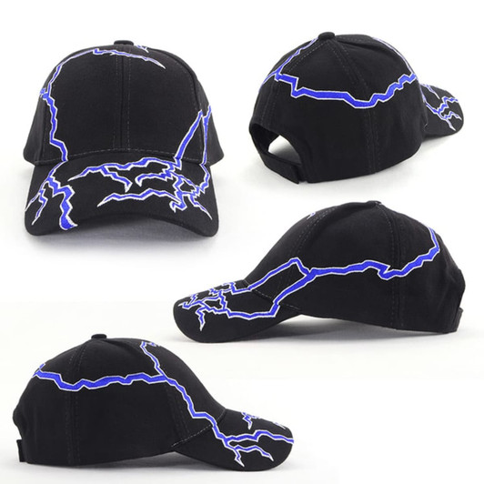 A black cap featuring blue lightning bolt patterns and a logo. Multiple angles of the cap are displayed.