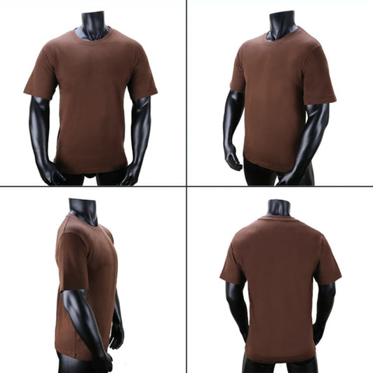 A brown T-shirt displayed from multiple angles on a mannequin, featuring a simple design and no visible branding.