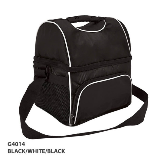 A black cooler bag with white accents, featuring a shoulder strap and a front zip pocket. It has a logo on it.