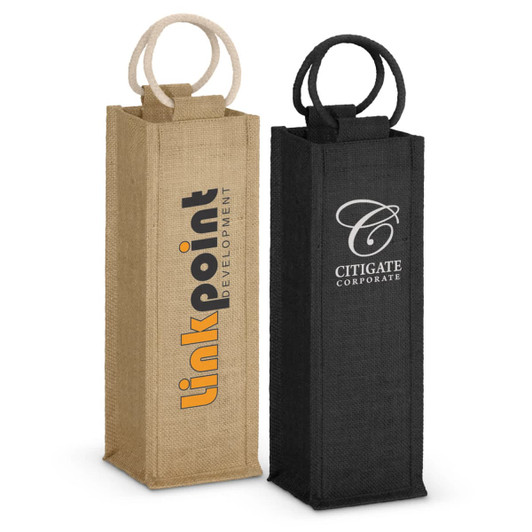 A jute wine carrier in natural and black colours, featuring handles and branding on both sides.