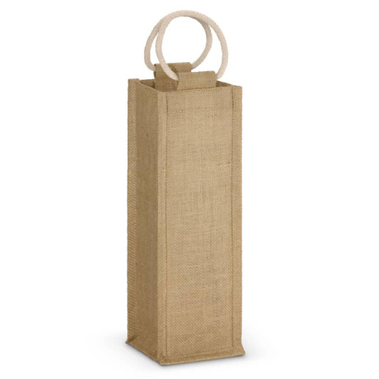 A jute wine carrier in natural brown featuring a rope handle and a tall, rectangular design.