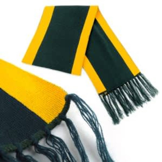 Acrylic scarf featuring green and yellow stripes with fringed ends, displaying a logo.