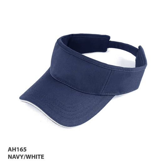 A navy and white visor featuring a wide brim and a logo on the front.