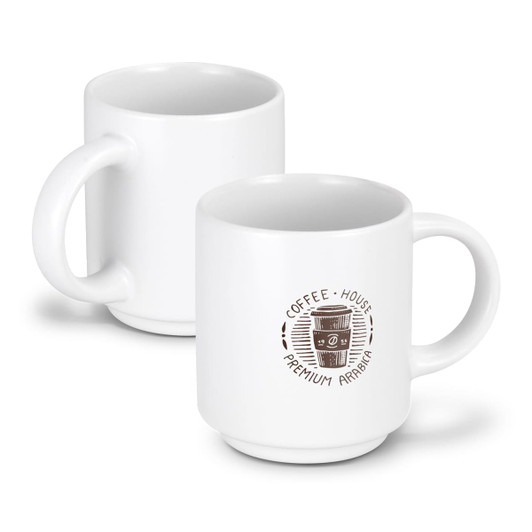 A stackable white espresso mug featuring a simple design and logo. Ideal for serving coffee drinks.