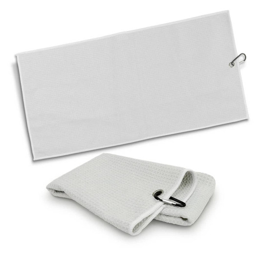 A white waffle-textured golf towel folded partially, featuring a carabiner clip for attachment.