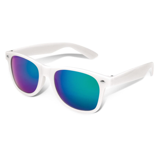 Malibu Premium Sunglasses with a mirrored lens and white frames, featuring vibrant blue and purple reflections.
