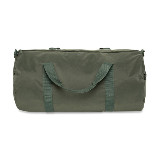 A green duffel bag with two top handles and a zip closure, featuring a logo on the surface.