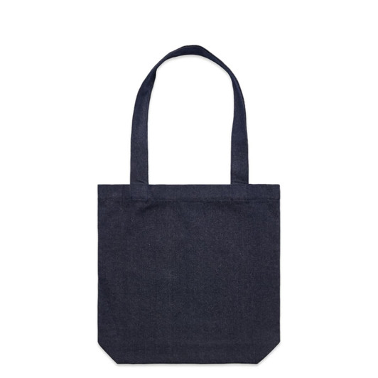 A navy denim tote bag with two handles and a simple square design. It features a logo on the exterior.