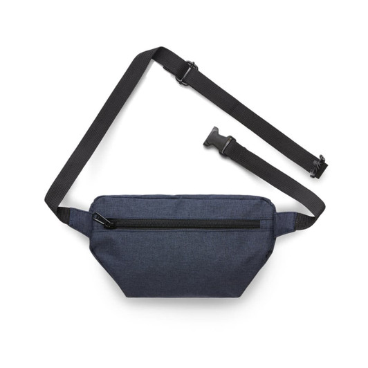 A waist bag in a dark navy colour with a zippered front pocket and an adjustable strap. It features a logo.