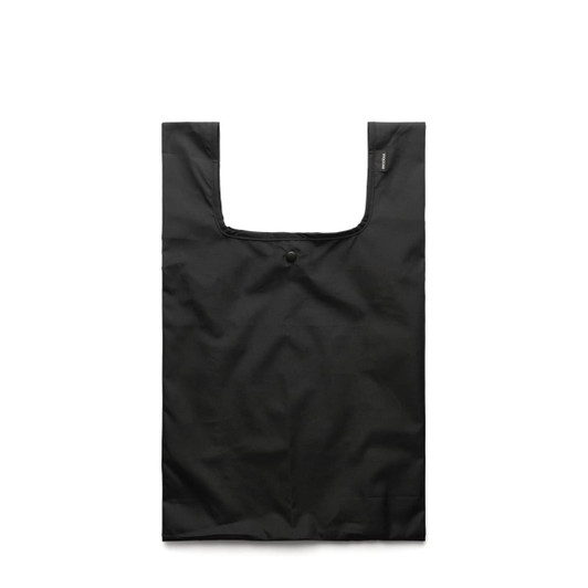 A reusable grocery bag in solid black fabric, featuring a simple design and a logo on the side.