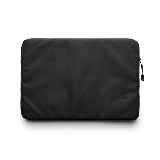 A black recycled laptop sleeve with a zipper. It has a simple, sleek design and an embedded logo.