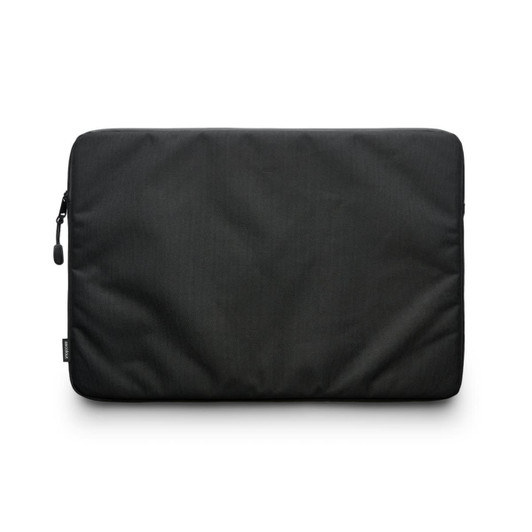 A black recycled laptop sleeve with a smooth finish, featuring a zip closure and a logo.