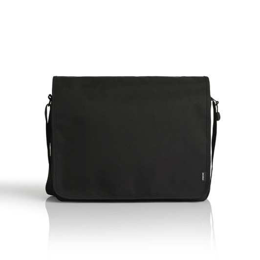 A black recycled messenger bag with a sleek design and an adjustable shoulder strap. Features a logo on the side.