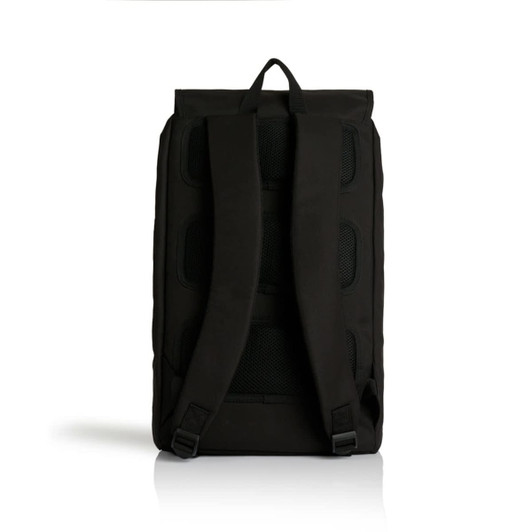 A black recycled field backpack with padded straps and a sturdy design. It features a logo on the exterior.