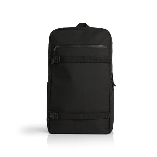 A black recycled strap backpack featuring multiple zippers and a logo on the front.