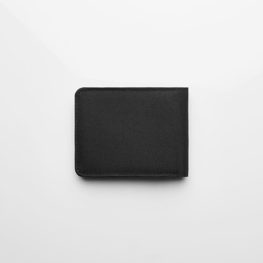 A black recycled fold wallet with a textured surface and a logo.