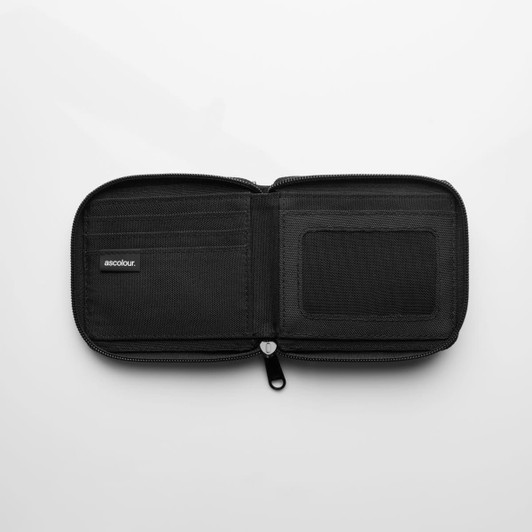 A black recycled zip wallet with multiple card slots and a transparent ID window, featuring a logo.