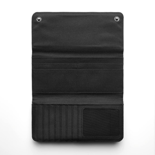 A black recycled long wallet with multiple card slots and a transparent ID pocket. It features a logo.