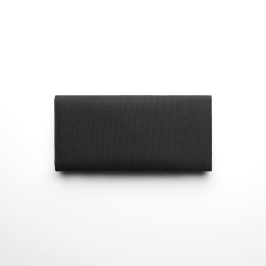A black recycled long wallet with a simple design and a branding logo.