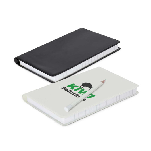 Two notebooks in black and white featuring a logo, with one open and a pencil beside it.