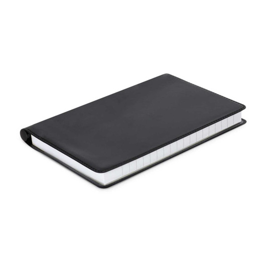 A black notebook with a smooth cover and lined pages, designed for office and business use.