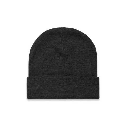 A Cuff Beanie in dark grey, featuring a folded edge and a simple design. It has a logo on it.