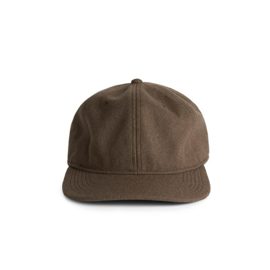 A brown cap with a flat brim and a structured crown, featuring a logo on the front.
