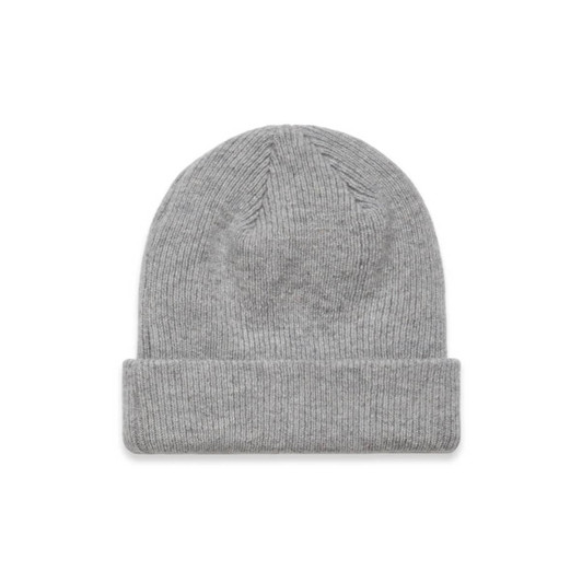 A grey knit beanie with a folded cuff and textured ribbing. It features a small logo.