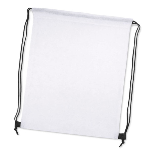 A white drawstring backpack with black cords and a simple design, featuring a logo.