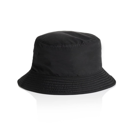 A black nylon bucket hat featuring a wide brim and a simple design. It has a logo on the side.