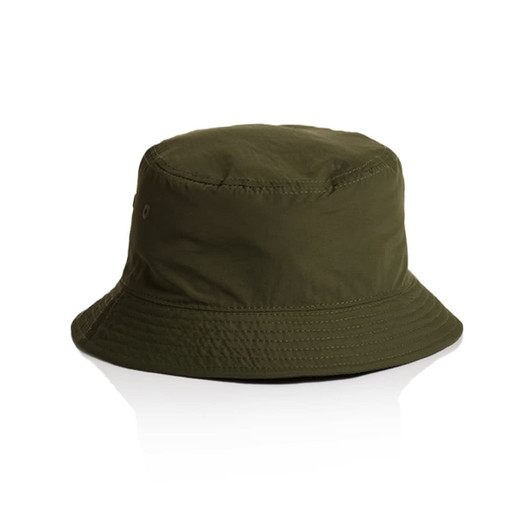 An olive green nylon bucket hat with a wide brim and a logo detail.
